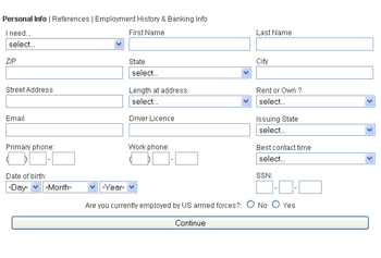 Payday Loan Matching Form Interface