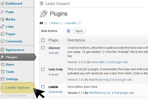 WordPress Dashboard LinksConnect Options