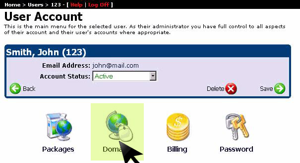 User Domain Registrations menu