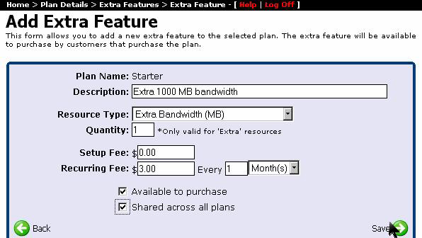 Configure extra feature pricing and limits