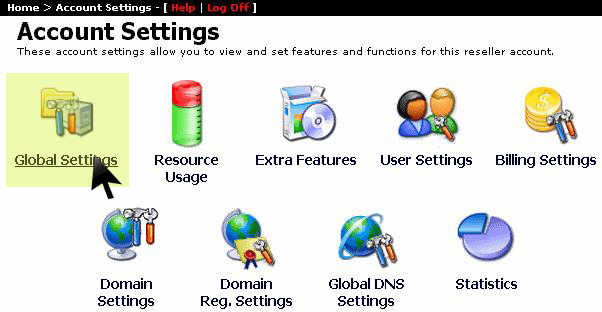 Account Settings Global Settings menu