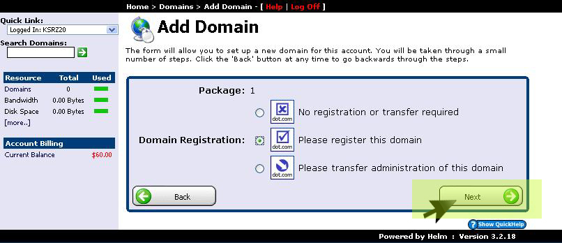 Choose domain registration or transfer