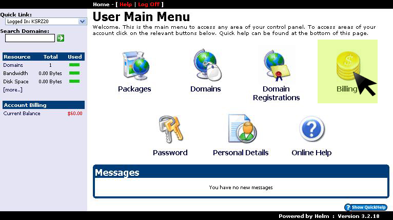 Control Panel Billing Menu