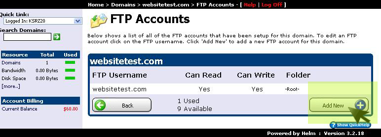 FTP Accounts menu option