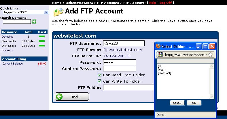 Configure FTP account credentials and directory