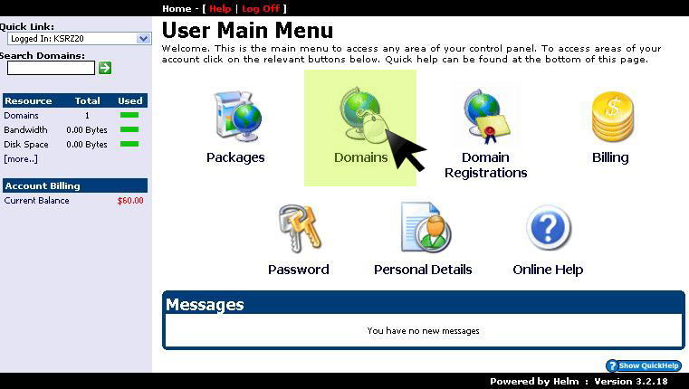 Control panel Domains menu