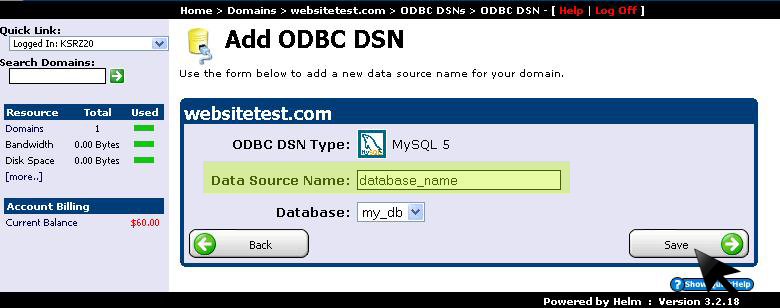 Configure DSN source name and save