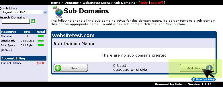 Add New subdomain button