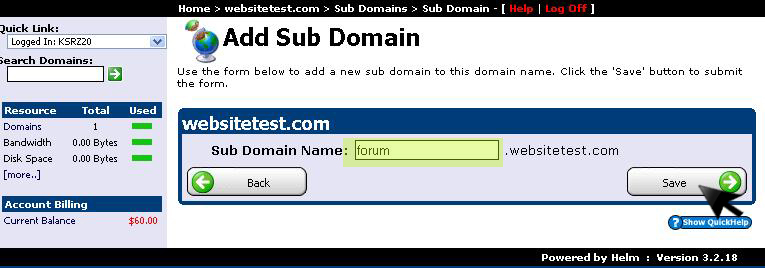 Enter subdomain prefix and click save